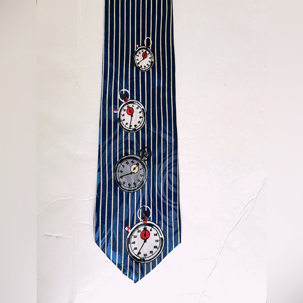 Emilio Sandrini Dark blue and white striped men’s neck tie with Stopwatch Design